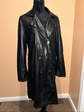 Marc New York Black Leather Double-Breasted Trench Coat with Gold Buttons